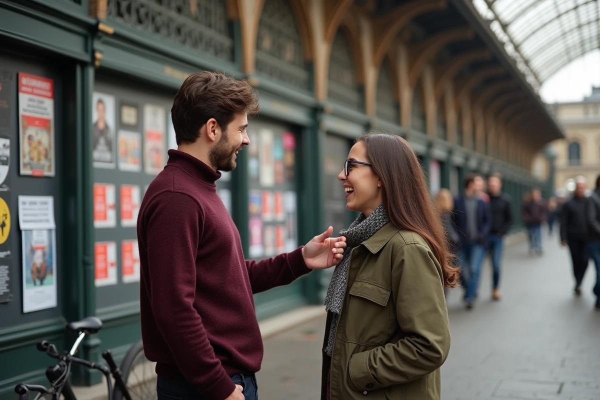 Couple découvrant le programme des sorties et événements culturels affichés devant un lieu culturel de Cholet