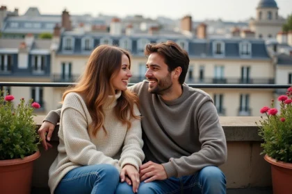 Couple français assis sur un balcon parisien en discutant