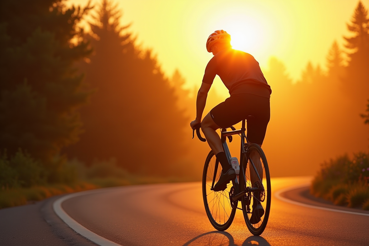 Cycliste ajustant un pneu de vélo au lever du soleil sur une route