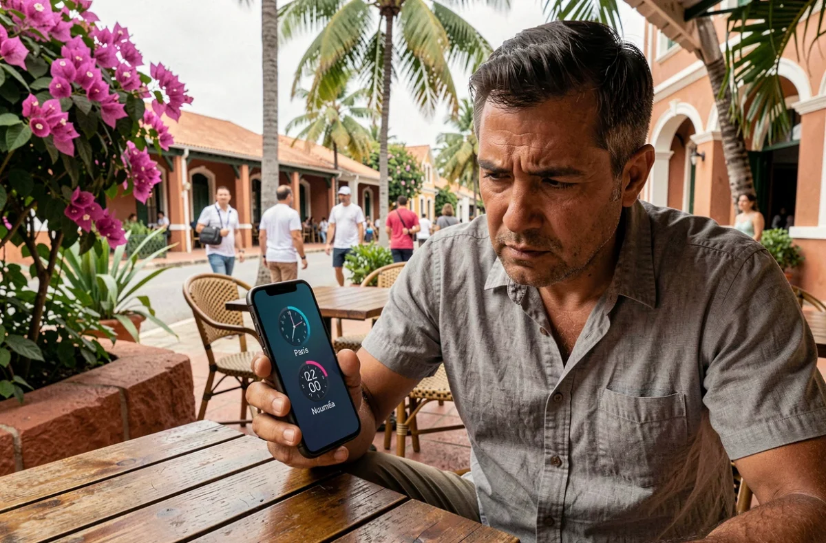 Homme consultant le décalage horaire entre Paris et la Nouvelle-Calédonie sur son smartphone en terrasse