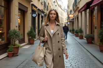 Jeune femme explorant une rue commerçante piétonne de Cholet après son arrivée dans la ville