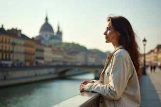 Femme découvrant Lyon depuis la passerelle du Collège avec vue sur la Saône et la colline de Fourvière un dimanche matin