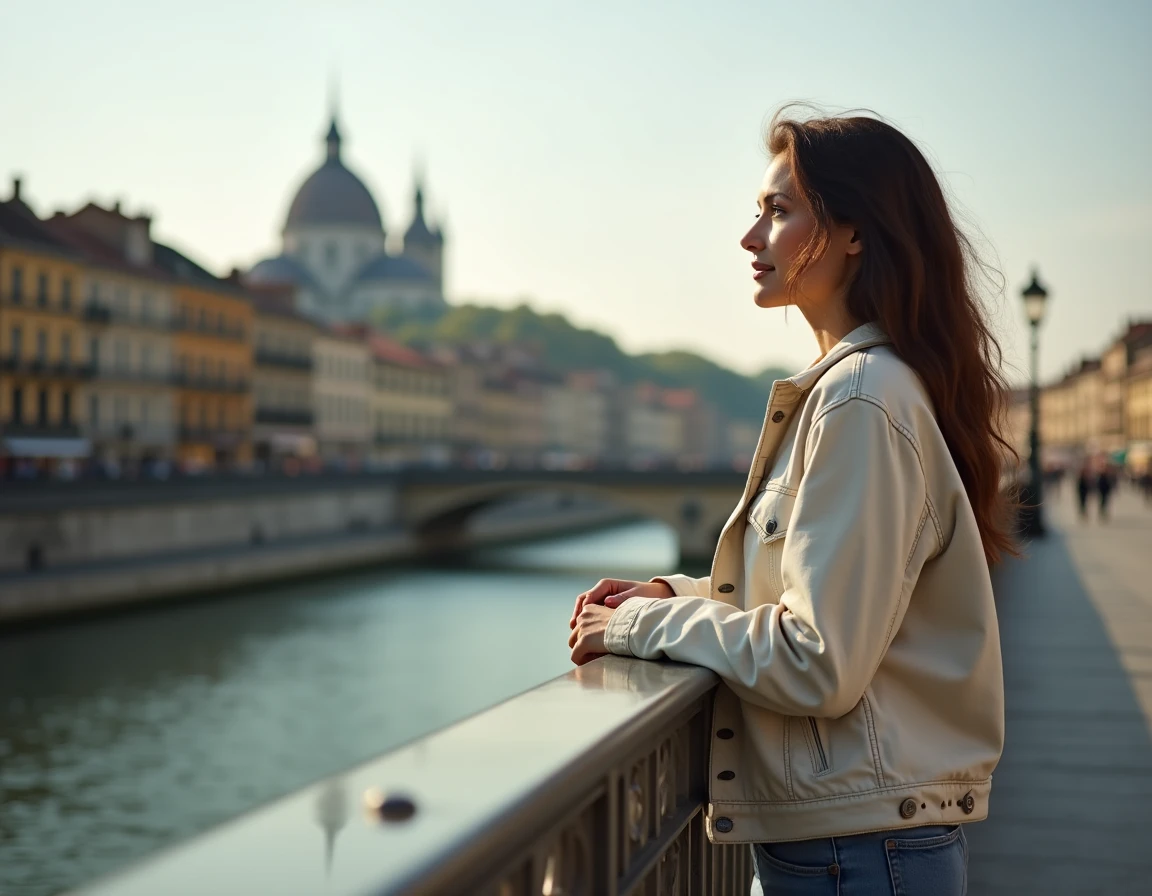 Femme découvrant Lyon depuis la passerelle du Collège avec vue sur la Saône et la colline de Fourvière un dimanche matin