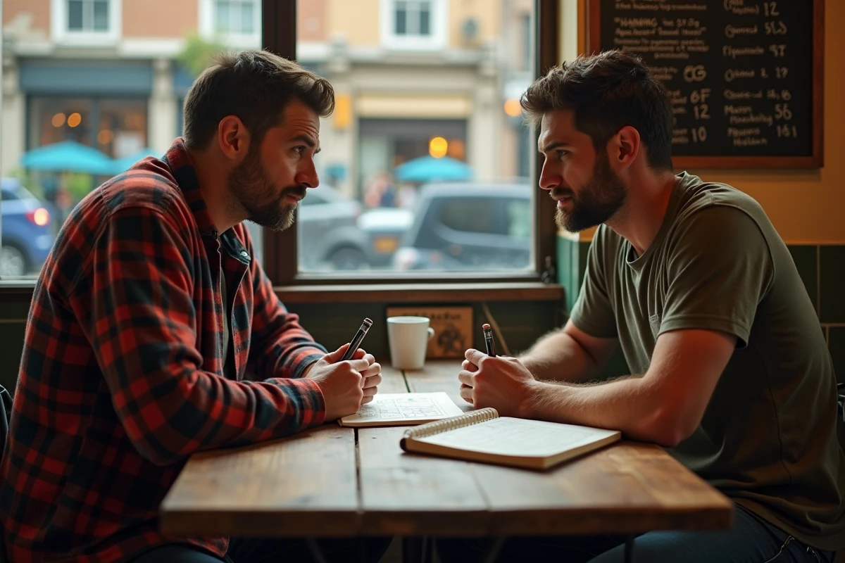 Deux hommes collaborant sur un carnet de jeu de pendu avec indices dans un café vintage