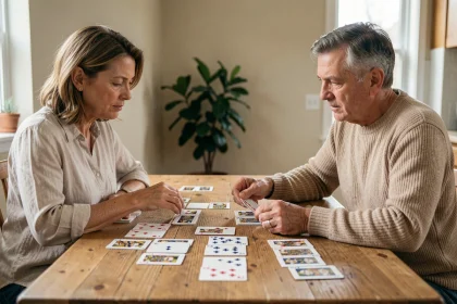 Deux adultes jouant à la crapette autour d'une table en bois, cartes disposées en colonnes, ambiance maison chaleureuse
