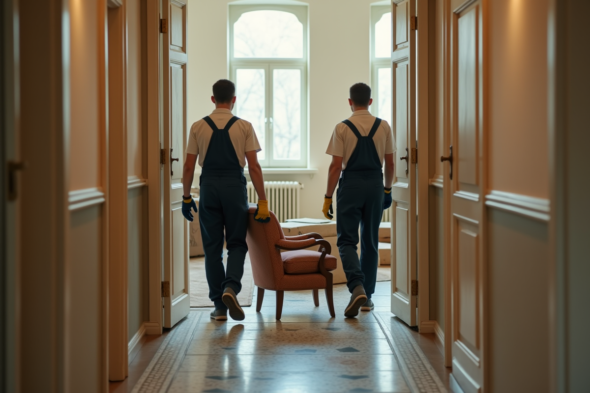 Deux ouvriers portant un fauteuil en bois dans un couloir d