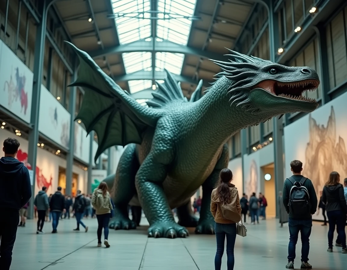 Sculpture de dragon géant en exposition avec visiteurs ébahis, détails d'écailles réalistes en tons vert sombre et noir, ambiance univers Harry Potter