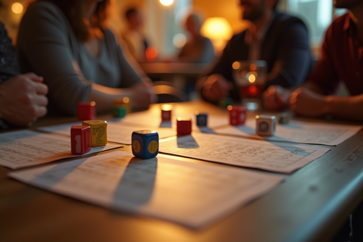 Zoom sur dés 421 et feuilles de score sur une table