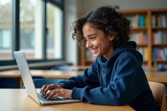 Adolescente consultant une encyclopédie collaborative en ligne sur un ordinateur portable dans une salle de classe moderne