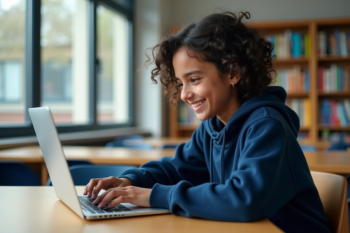 Adolescente consultant une encyclopédie collaborative en ligne sur un ordinateur portable dans une salle de classe moderne