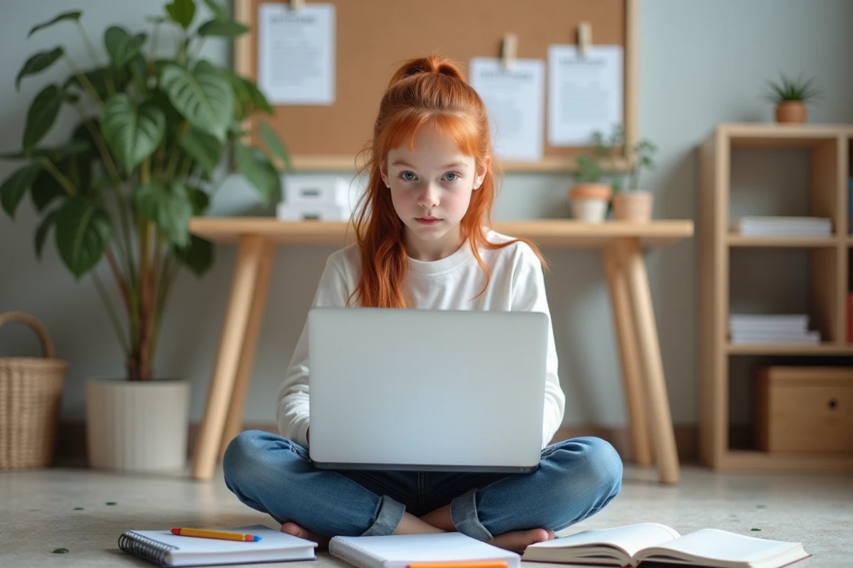 Jeune élève prenant des notes depuis une encyclopédie collaborative en ligne sur son ordinateur portable à domicile