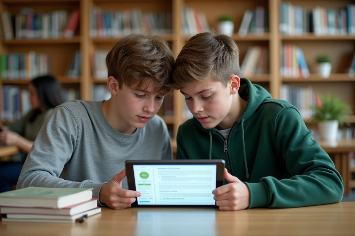 Deux élèves adolescents comparant des encyclopédies en ligne sur une tablette dans une bibliothèque scolaire
