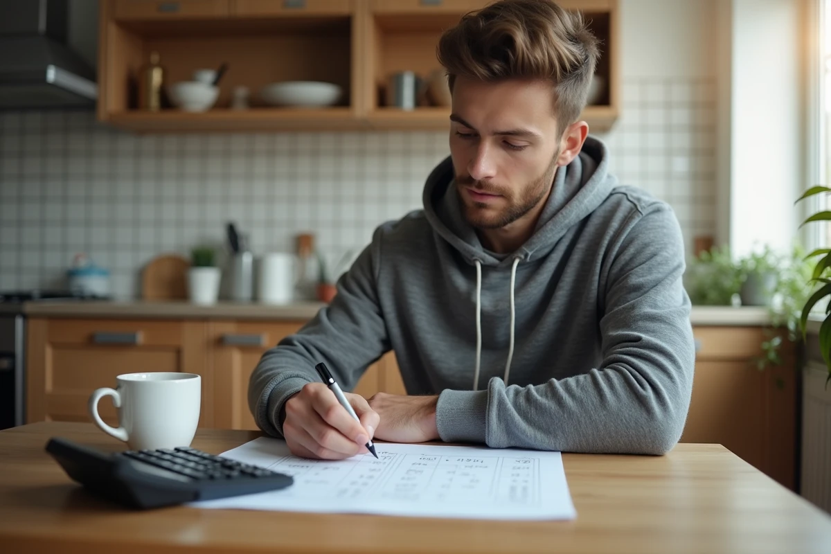Employé calculant ses heures de travail en centièmes sur une fiche de pointage papier à domicile pour vérifier sa paie