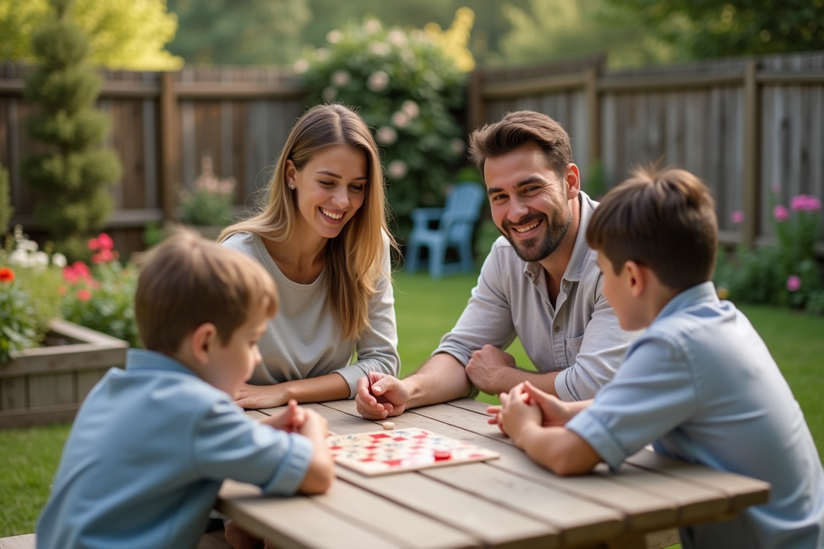 Enfants jouant à un jeu en famille dans le jardin