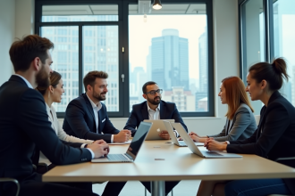 Groupe de professionnels en réunion dans un bureau moderne