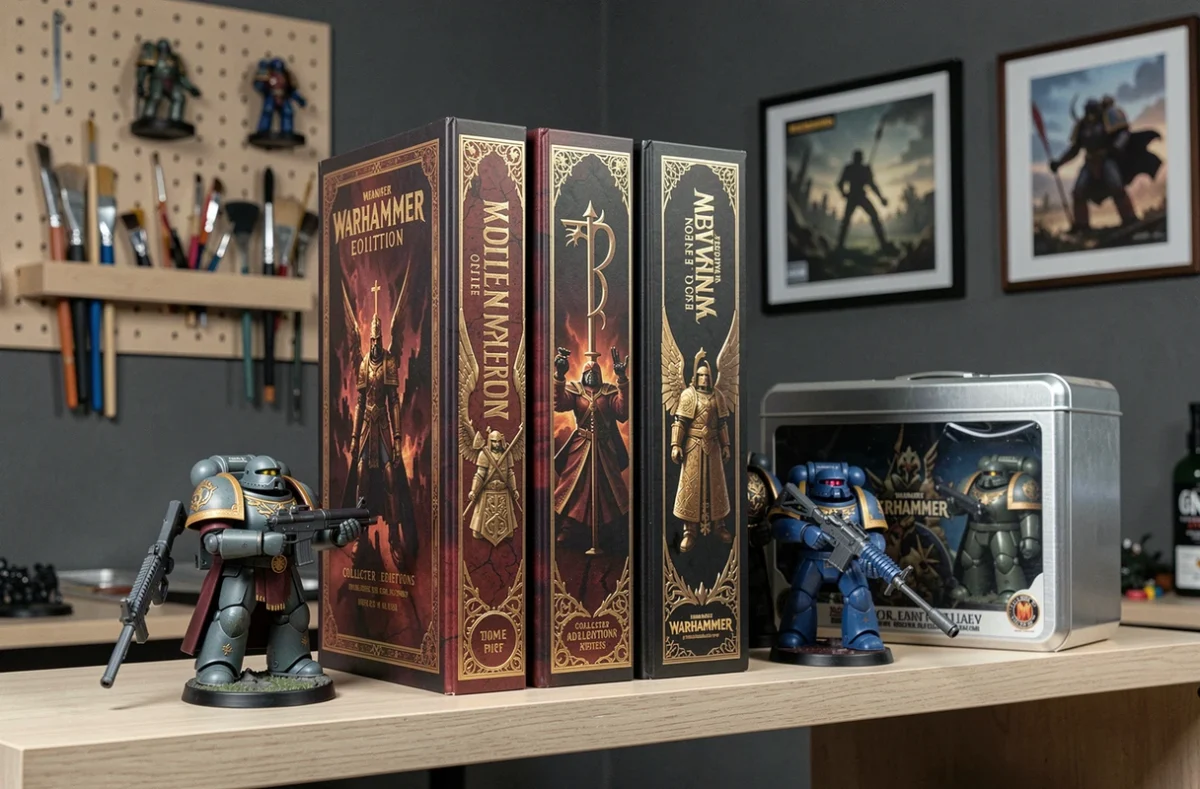 Étagère de collection Warhammer avec livres éditions limitées dorés et figurines peintes dans une salle de jeu aménagée
