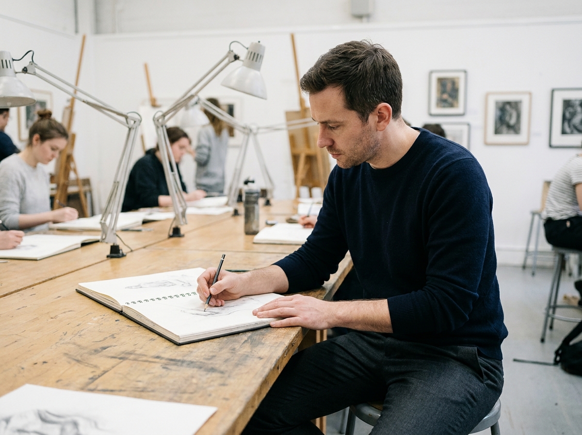 Étudiant en arts plastiques dessinant dans un carnet de croquis dans une salle de classe d'une école des beaux-arts moderne