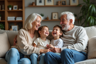 Famille multigeneration assise ensemble dans un salon chaleureux
