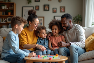 Famille melangee jouant ensemble dans le salon chaleureux
