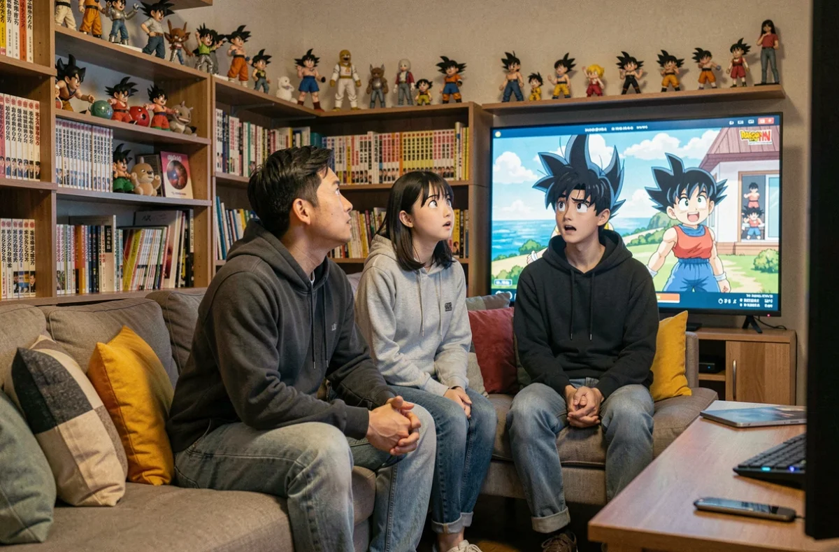 Fans d'anime adultes regardant avec nostalgie la transformation Super Saiyan de Goku dans un salon décoré de figurines Dragon Ball