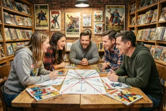 Groupe de fans de comics Marvel et DC autour d'une table avec des arbres généalogiques de super-héros dans une librairie de bandes dessinées