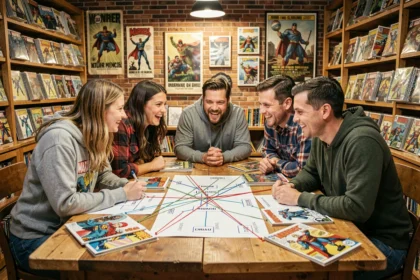 Groupe de fans de comics Marvel et DC autour d'une table avec des arbres généalogiques de super-héros dans une librairie de bandes dessinées