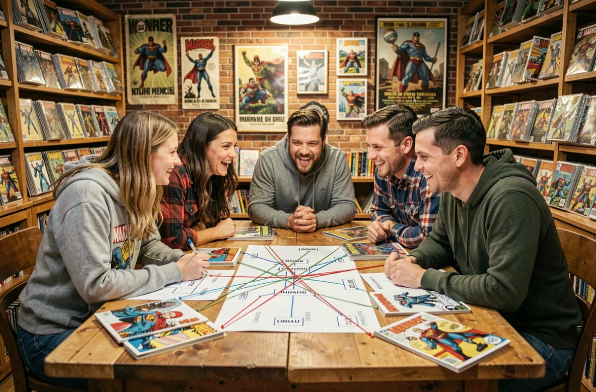 Groupe de fans de comics Marvel et DC autour d'une table avec des arbres généalogiques de super-héros dans une librairie de bandes dessinées