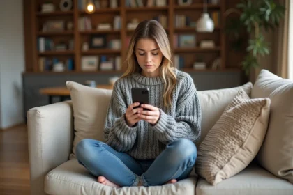 Jeune femme consultant les prix d'un abonnement YouTube Premium sur son smartphone depuis son salon