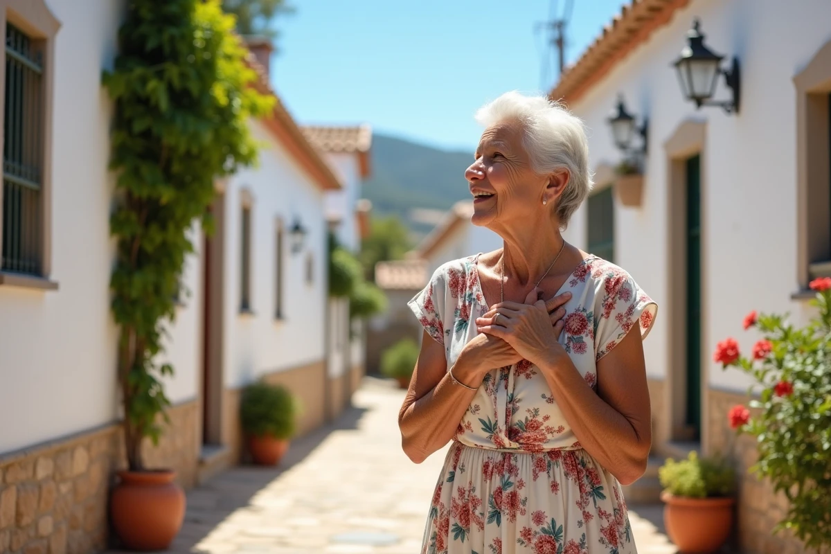 Femme âgée andalouse exprimant sa gratitude avec sincérité devant une maison blanchie à la chaux en Espagne