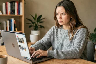Femme analysant un site e-commerce sur un ordinateur portable avec une expression dubitative, illustrant les avis sur Kimeo Shop
