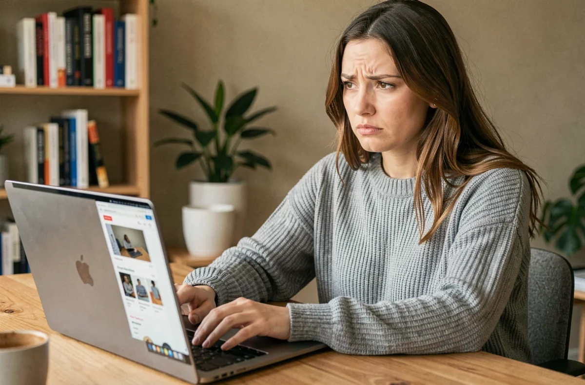 Femme analysant un site e-commerce sur un ordinateur portable avec une expression dubitative, illustrant les avis sur Kimeo Shop