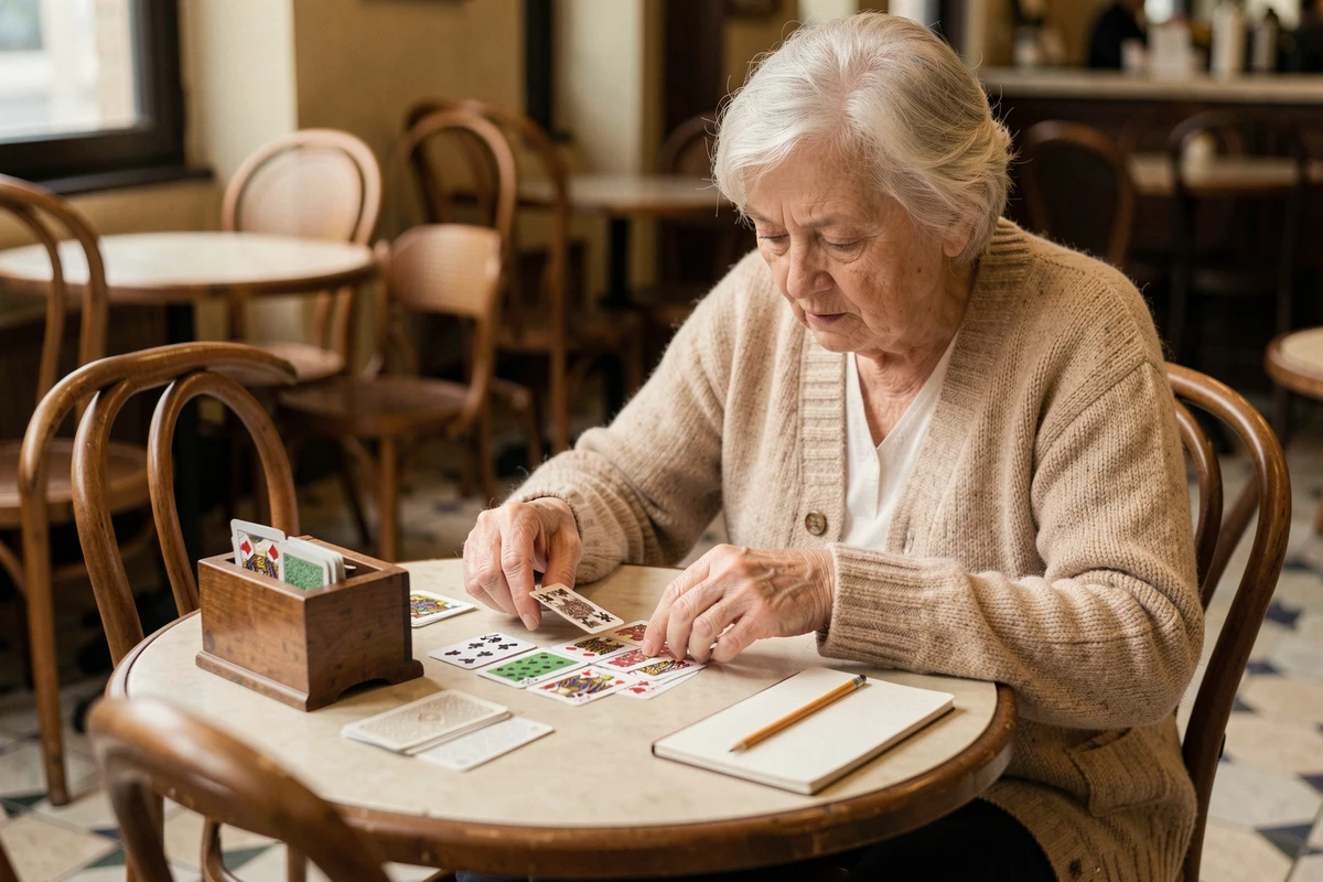 Femme âgée apprenant les règles de la crapette dans un café, cartes disposées sur table ronde avec carnet de notes