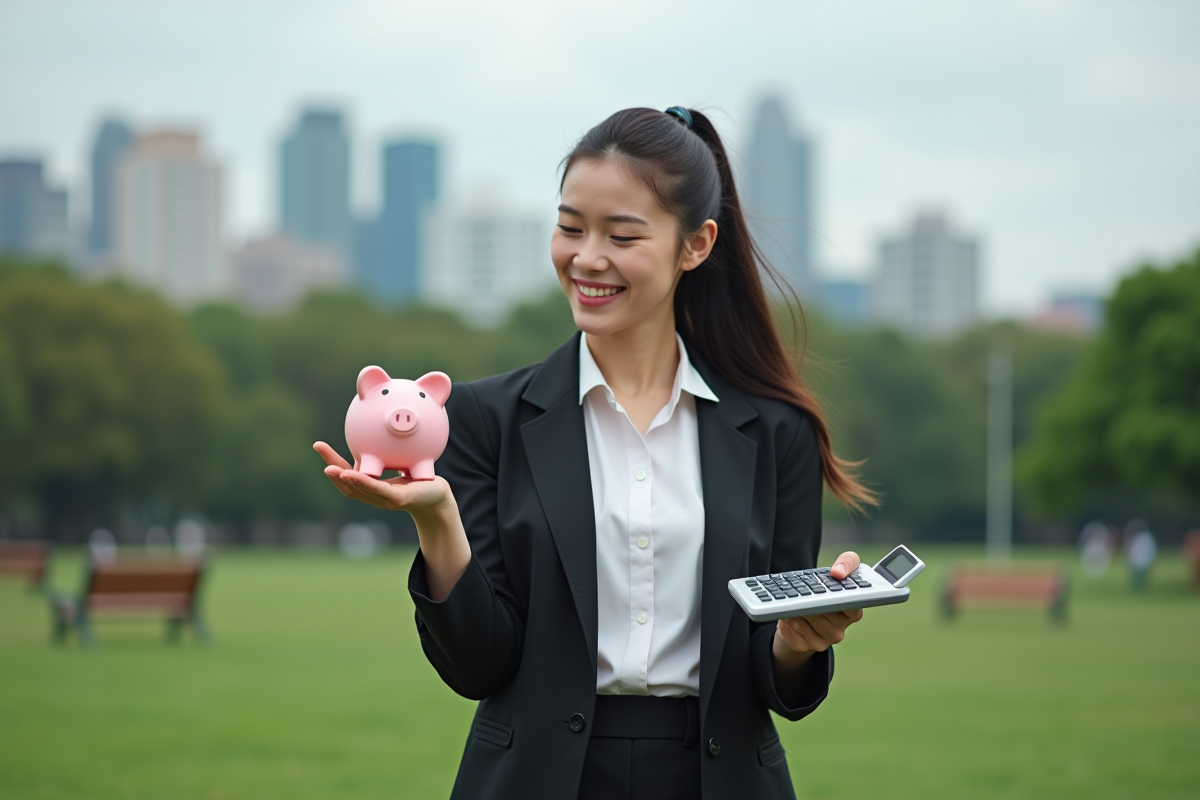 Jeune femme avec tirelire et calculatrice dans un parc urbain
