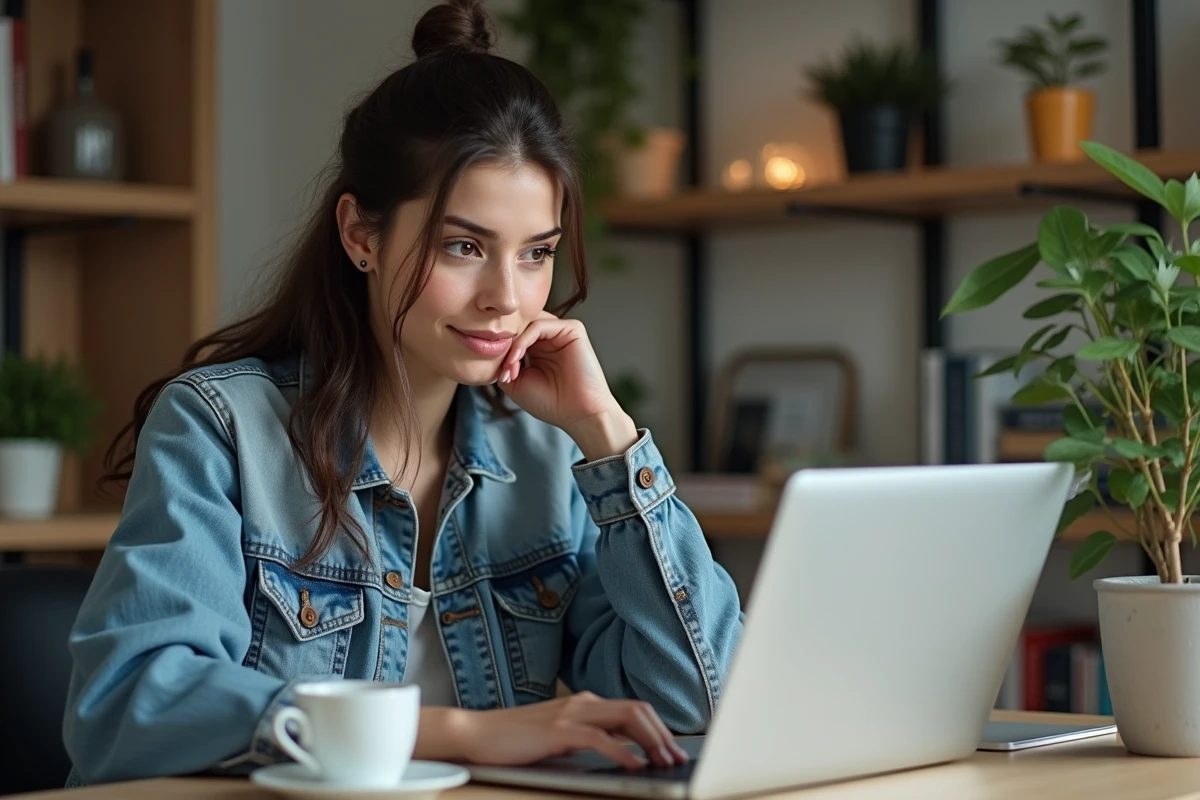 Jeune femme au bureau à domicile utilisant Rabitfinder
