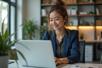 Femme travaillant sur un ordinateur dans un bureau moderne