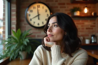 Femme pensive dans un café regardant une horloge affichant 15h55, symbolisant la signification de l'heure miroir