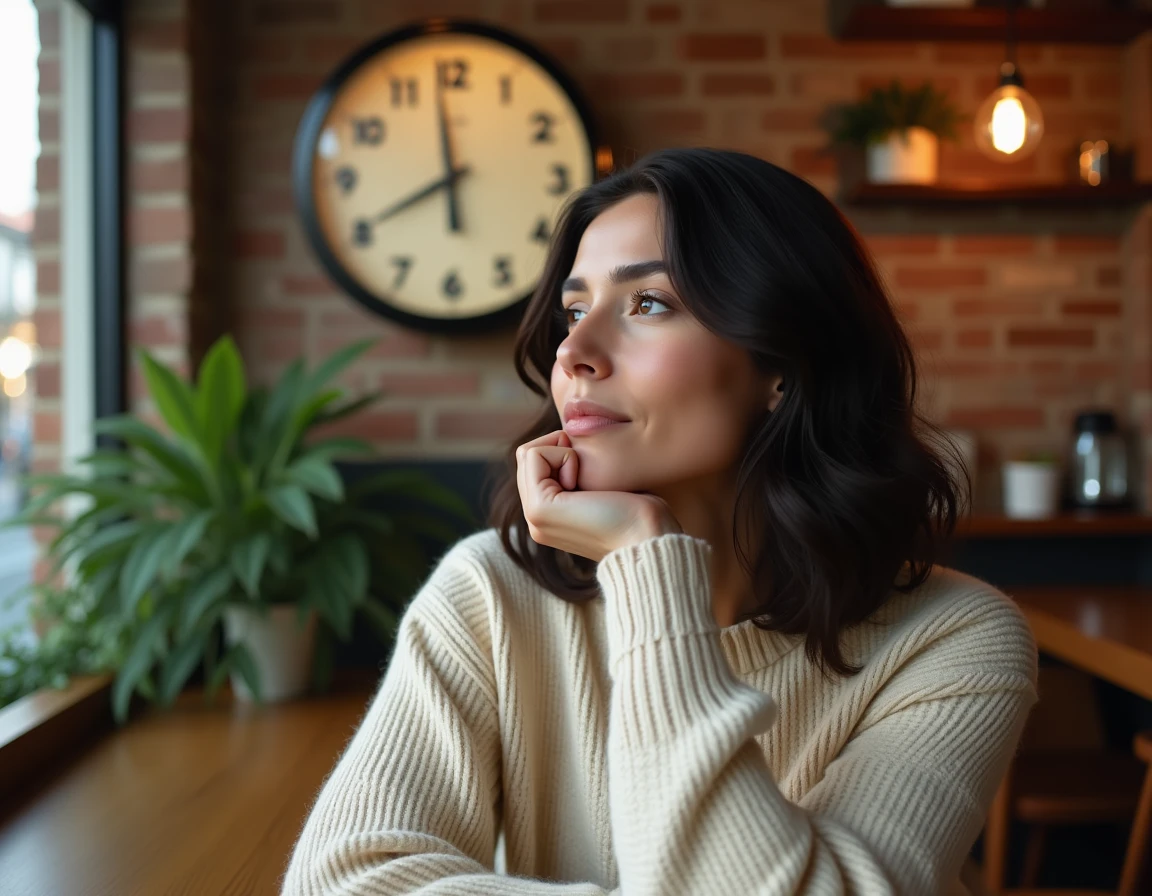 Femme pensive dans un café regardant une horloge affichant 15h55, symbolisant la signification de l'heure miroir
