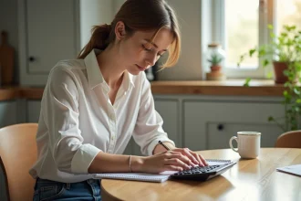 Jeune femme concentrée avec calculatrice dans la cuisine