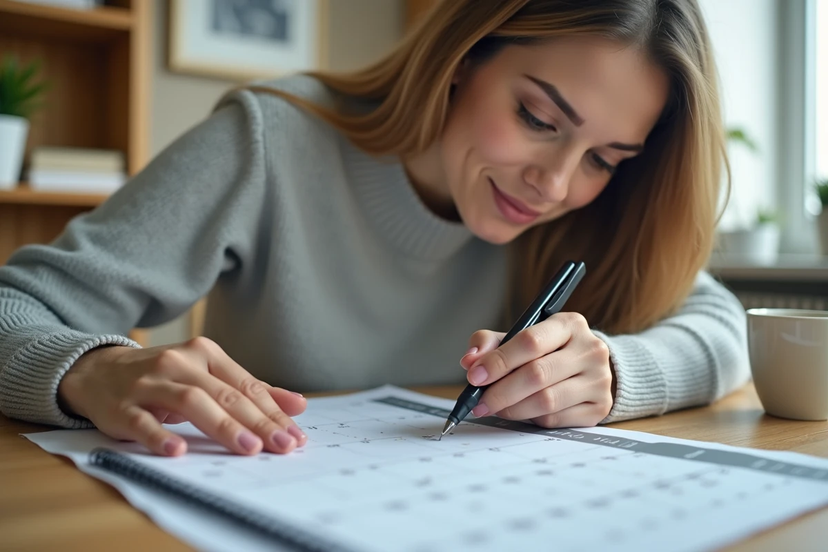 Femme marquant les semaines paires sur un calendrier imprimé à son bureau à domicile