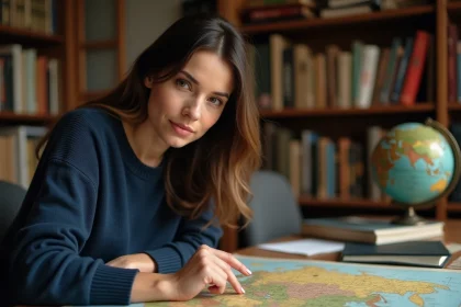 Femme pointant la Russie sur une carte du monde vintage posée sur un bureau en bois, illustrant une erreur courante en géographie sur le plus grand pays du monde