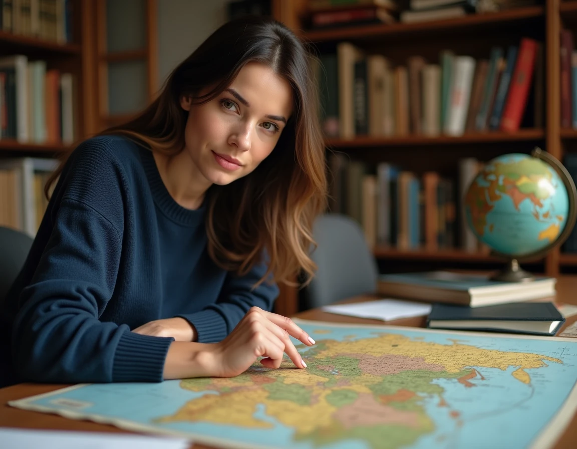 Femme pointant la Russie sur une carte du monde vintage posée sur un bureau en bois, illustrant une erreur courante en géographie sur le plus grand pays du monde