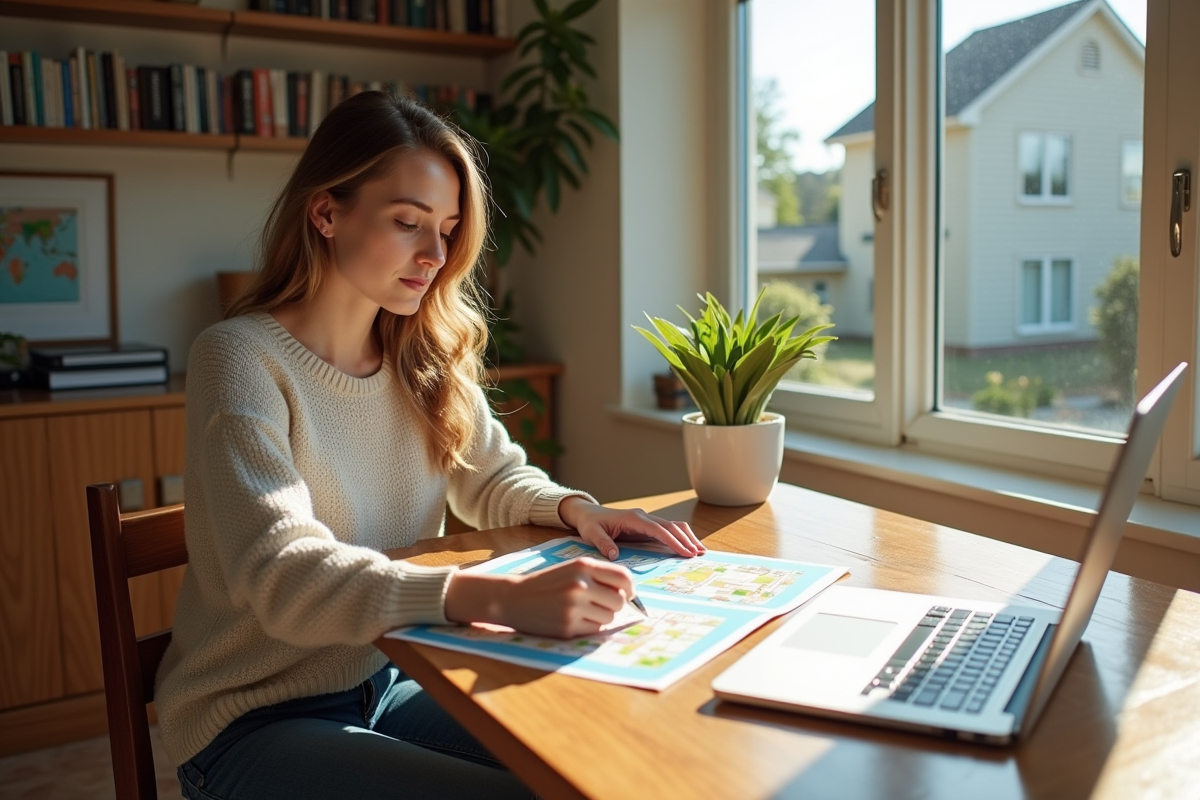 Jeune femme examinant des documents de zonage à la maison