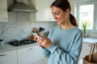 Femme utilisant un code promo Carrefour Drive sur son smartphone dans une cuisine moderne