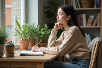 Jeune femme pensant près d'une fenêtre dans un appartement
