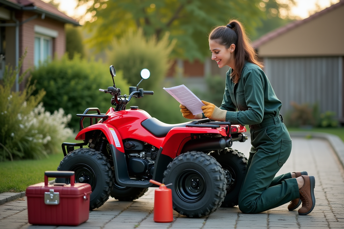 Femme en overalls vérifie un quad rouge dans un jardin
