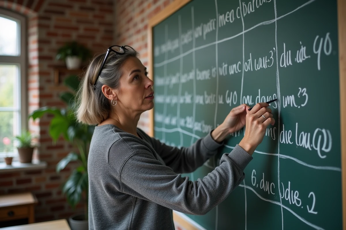 Femme expliquant la conversion de dates en chiffres romains sur un tableau noir