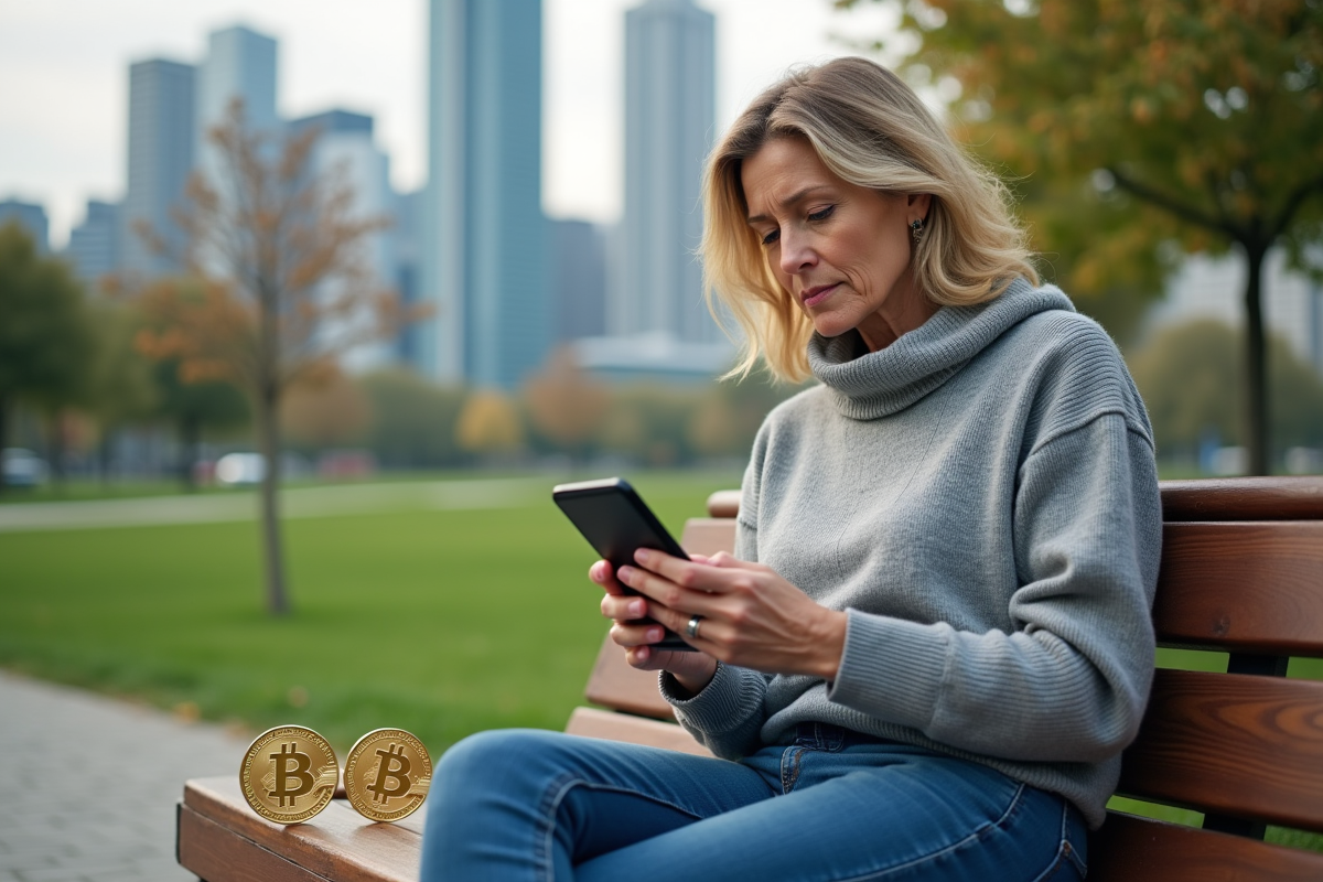 Femme regarde son smartphone avec pièces crypto en extérieur