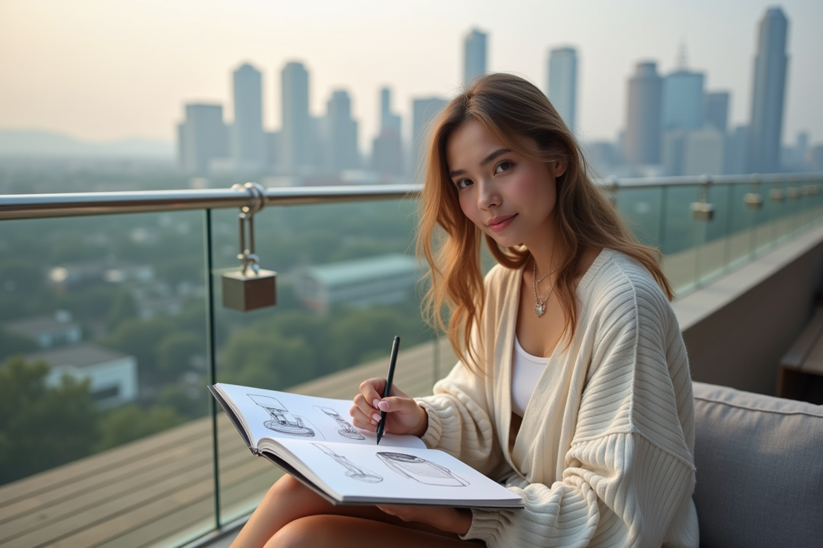 Jeune femme esquissant des idées sur une terrasse urbaine