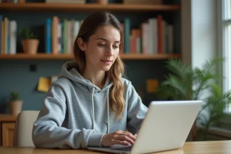 Jeune femme consultant une encyclopédie collaborative en ligne sur son ordinateur portable dans un bureau à domicile