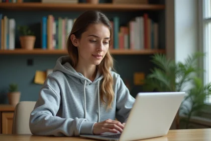 Jeune femme consultant une encyclopédie collaborative en ligne sur son ordinateur portable dans un bureau à domicile